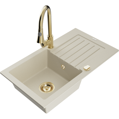 Mexen Pablo chiuvetă de granit cu o singură cuvă cu scurgător și robinet de bucătărie Elia, bej - 6510-69-670101-50