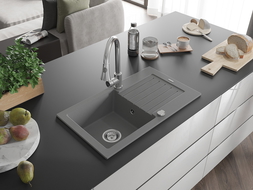 Mexen Pablo chiuvetă din granit cu 1 compartiment, cu scurgător și baterie de bucătărie Elia, gri - 6510-71-670101-00