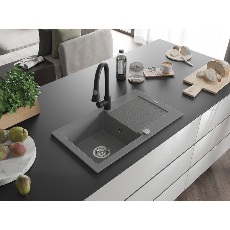 Mexen Pablo gránit mosogató 1-medencés csepegtetővel és Elia konyhai csapteleppel, szürke - 6510-71-670101-70