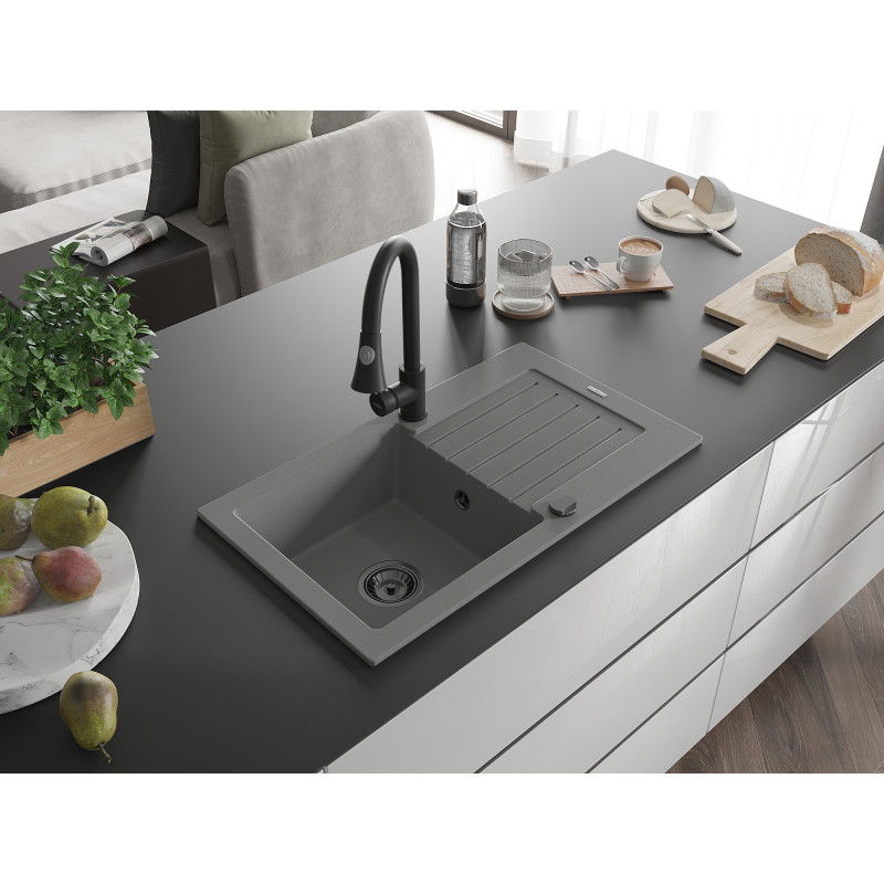 Mexen Pablo 1-medencés gránit mosogató lefolyóval és Elia konyhai csaptelep, szürke - 6510-71-670101-70-B