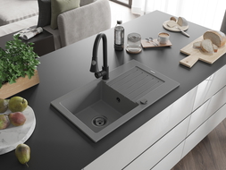 Mexen Pablo chiuvetă din granit cu 1 compartiment cu scurgător și baterie de bucătărie Elia, gri - 6510-71-670101-70-B