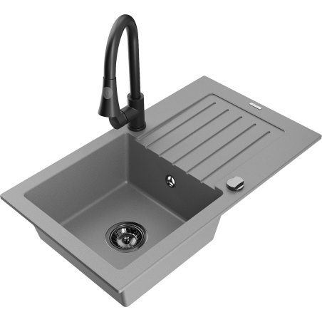 Mexen Pablo chiuvetă din granit cu 1 compartiment cu scurgător și baterie de bucătărie Elia, gri - 6510-71-670101-70-B