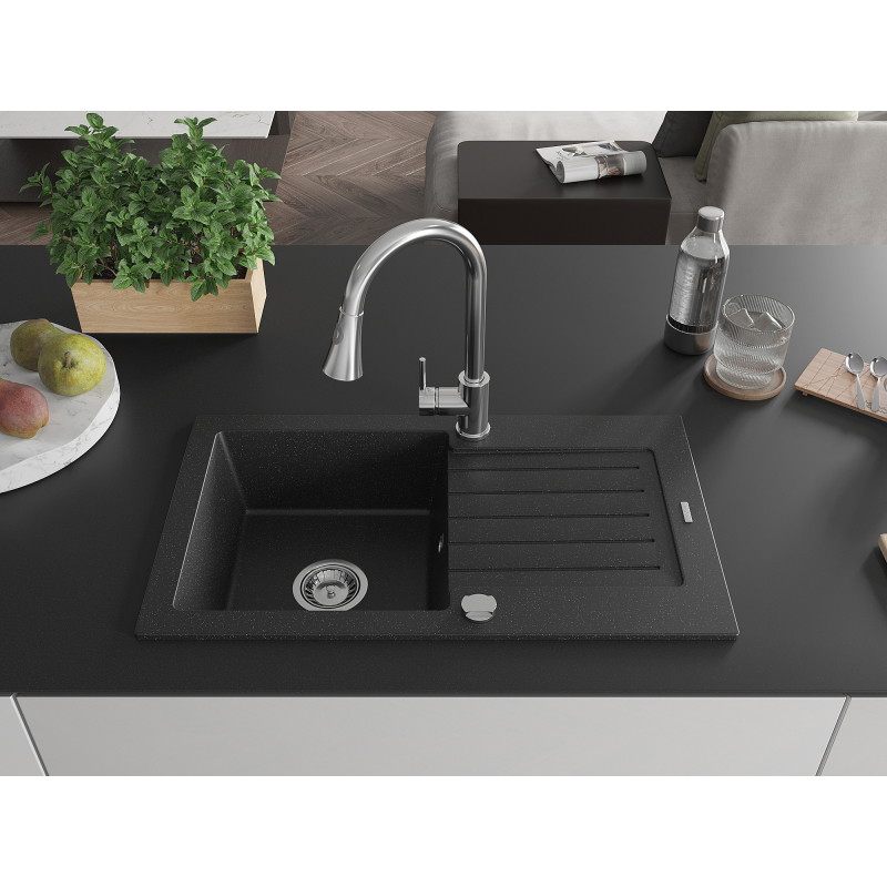 Mexen Pablo gránit mosogató 1-medencés csepegtetővel és konyhai csapteleppel Elia, fekete/ezüst metál - 6510-73-670101-00
