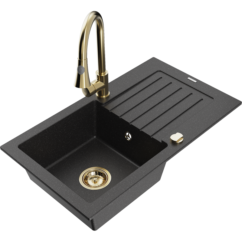 Mexen Pablo chiuvetă de bucătărie din granit cu 1 cuvă, cu picurător și baterie de bucătărie Elia, negru/argintiu