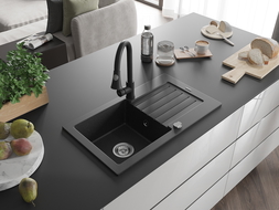 Chiuvetă granit Mexen Pablo 1 compartiment cu scurgător și baterie bucătărie Elia, negru/argintiu metalic - 6510-73-670101-70