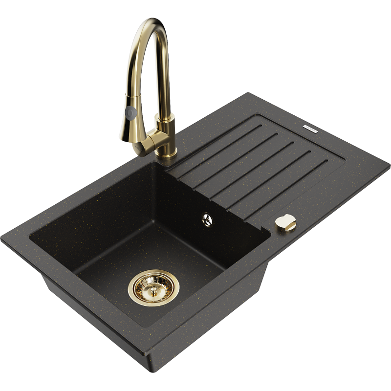 Mexen Pablo chiuvetă granitică cu 1 compartiment cu scurgător și baterie de bucătărie Elia, negru/auriu metalic