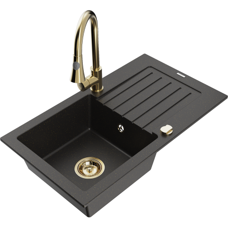 Mexen Pablo chiuvetă granitică cu 1 compartiment cu scurgător și baterie de bucătărie Elia, negru/auriu metalic