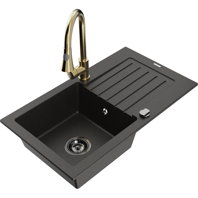 Mexen Pablo chiuvetă de bucătărie din granit cu 1 compartiment, cu scurgător și baterie Elia, negru/auriu metalizat