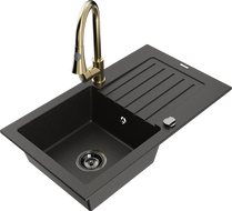 Mexen Pablo chiuvetă de bucătărie din granit cu 1 compartiment, cu scurgător și baterie Elia, negru/auriu metalizat