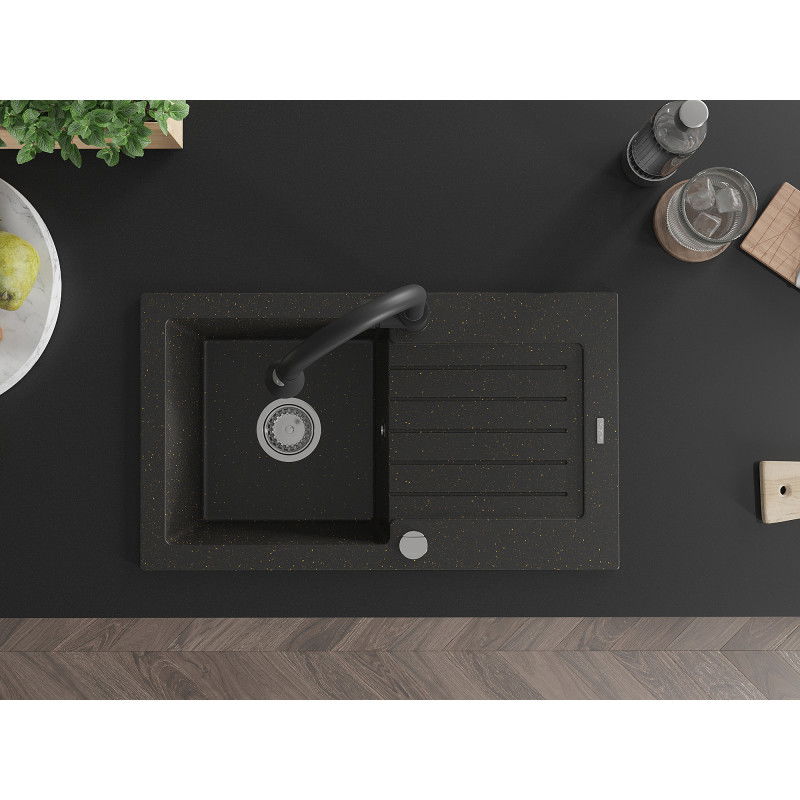 Mexen Pablo chiuvetă de granit cu 1 cuvă și scurgător și baterie de bucătărie Elia, negru/auriu metalic - 6510-75-670101-70