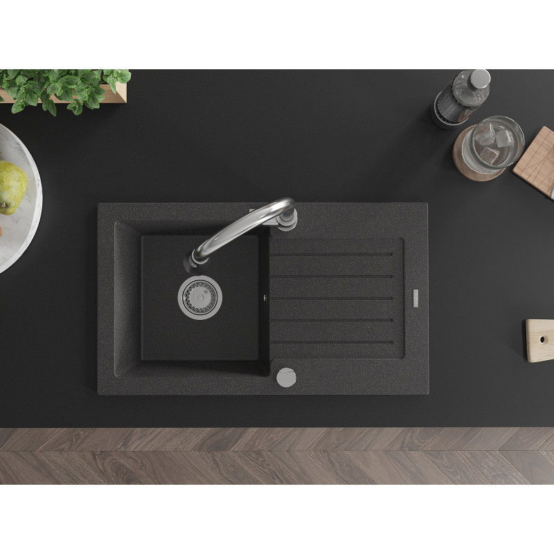 Mexen Pablo chiuvetă de granit cu 1 cuvă, cu scurgător și baterie de bucătărie Elia, neagră cu pete - 6510-76-670101-00