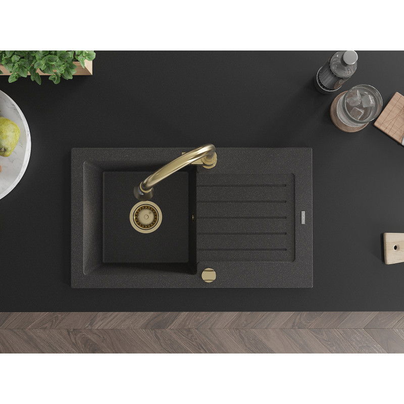 Mexen Pablo gránit konyhai mosogató 1-medencés csepptálcával és Elia konyhai csapteleppel, fekete pöttyös - 6510-76-670101-50