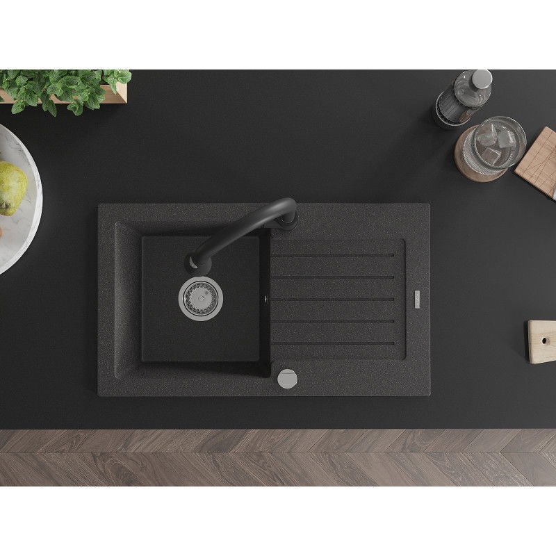 Mexen Pablo chiuvetă de granit cu o cuvă, cu scurgător și baterie de bucătărie Elia, neagră cu stropi - 6510-76-670101-70