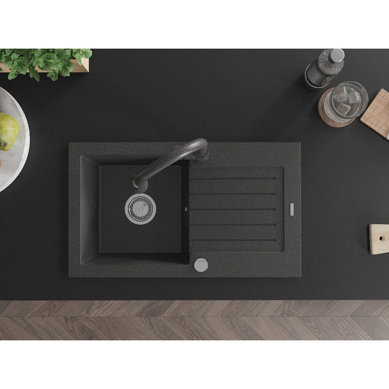 Mexen Pablo 1 rekeszes gránit mosogató csepptálcával és Elia konyhai csapteleppel, fekete pöttyös - 6510-76-670101-76