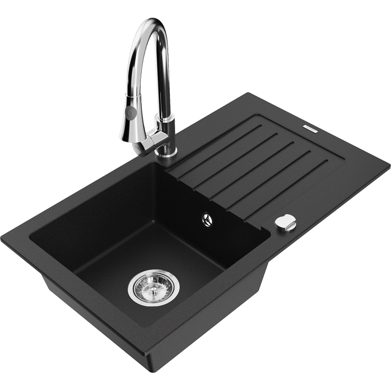 Mexen Pablo chiuvetă granitică cu 1 cuvă și scurgător și baterie de bucătărie Elia, negru - 6510-77-670101-00