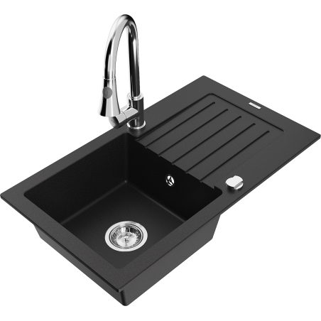 Mexen Pablo chiuvetă granitică cu 1 cuvă și scurgător și baterie de bucătărie Elia, negru - 6510-77-670101-00
