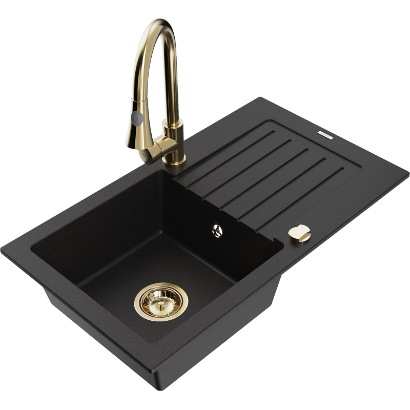 Mexen Pablo chiuvetă de granit cu 1 compartiment cu scurgător și baterie de bucătărie Elia, negru - 6510-77-670101-50
