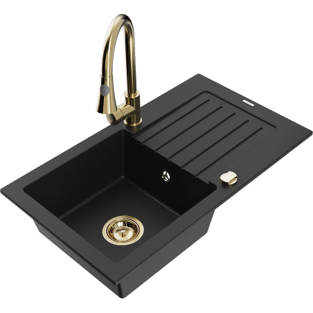 Mexen Pablo chiuvetă de granit cu 1 compartiment cu scurgător și baterie de bucătărie Elia, negru - 6510-77-670101-50