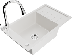Mexen Elias chiuvetă de granit cu 1 compartiment cu scurgător și baterie de bucătărie Elia, alb - 6511-20-670101-00