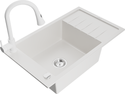 Mexen Elias chiuvetă de bucătărie din granit cu o cuvă și scurgător și baterie de bucătărie Elia, alb - 6511-20-670101-20