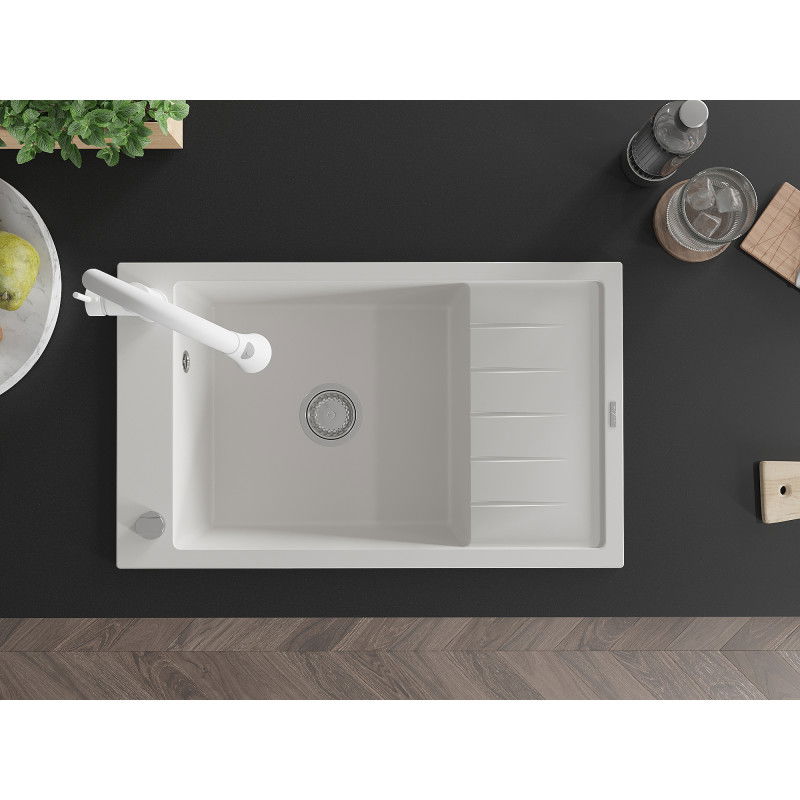 Mexen Elias chiuvetă de bucătărie din granit cu o cuvă și scurgător și baterie de bucătărie Elia, alb - 6511-20-670101-20