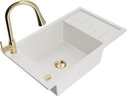 Mexen Elias chiuvetă de granit cu 1 compartiment cu scurgător și baterie de bucătărie Elia, alb - 6511-20-670101-50