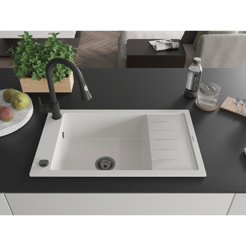 Mexen Elias chiuvetă din granit cu 1 compartiment cu scurgător și baterie de bucătărie Elia, alb - 6511-20-670101-70