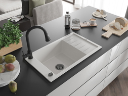 Mexen Elias chiuvetă din granit cu 1 compartiment cu scurgător și baterie de bucătărie Elia, alb - 6511-20-670101-70