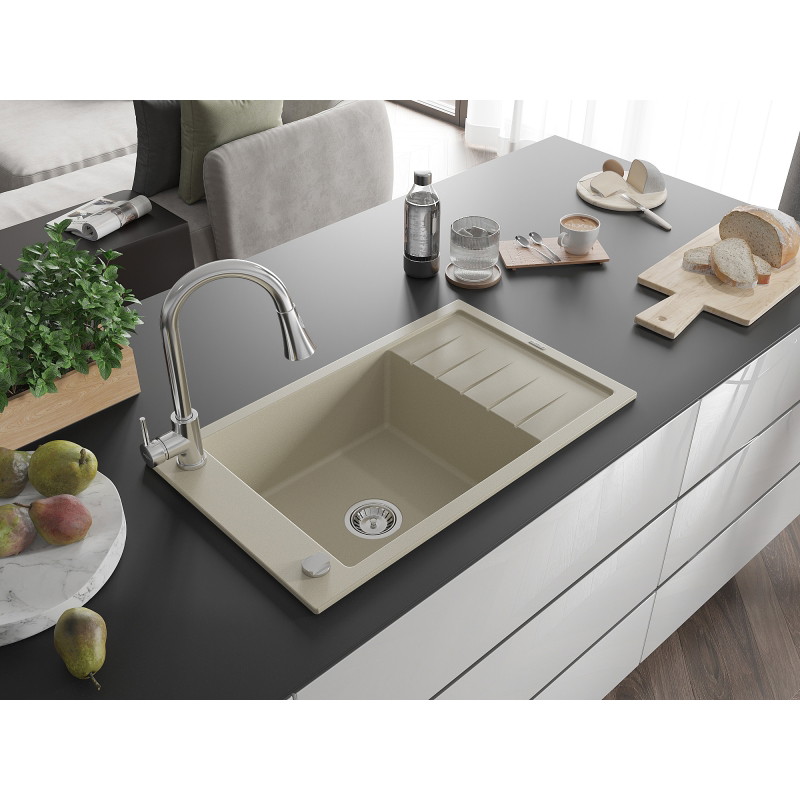 Mexen Elias chiuvetă de granit cu 1 compartiment cu scurgător și baterie de bucătărie Elia, bej - 6511-69-670101-00
