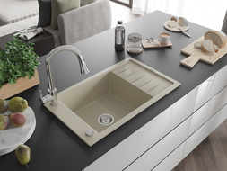 Mexen Elias chiuvetă de bucătărie din granit cu 1 compartiment cu scurgător și baterie Elia, bej - 6511-69-670101-00