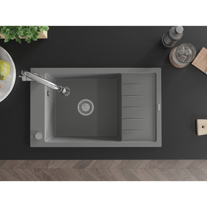 Mexen Elias gránit egytálcás mosogató, csepegtetővel és Elia konyhai csapteleppel, szürke - 6511-71-670101-00