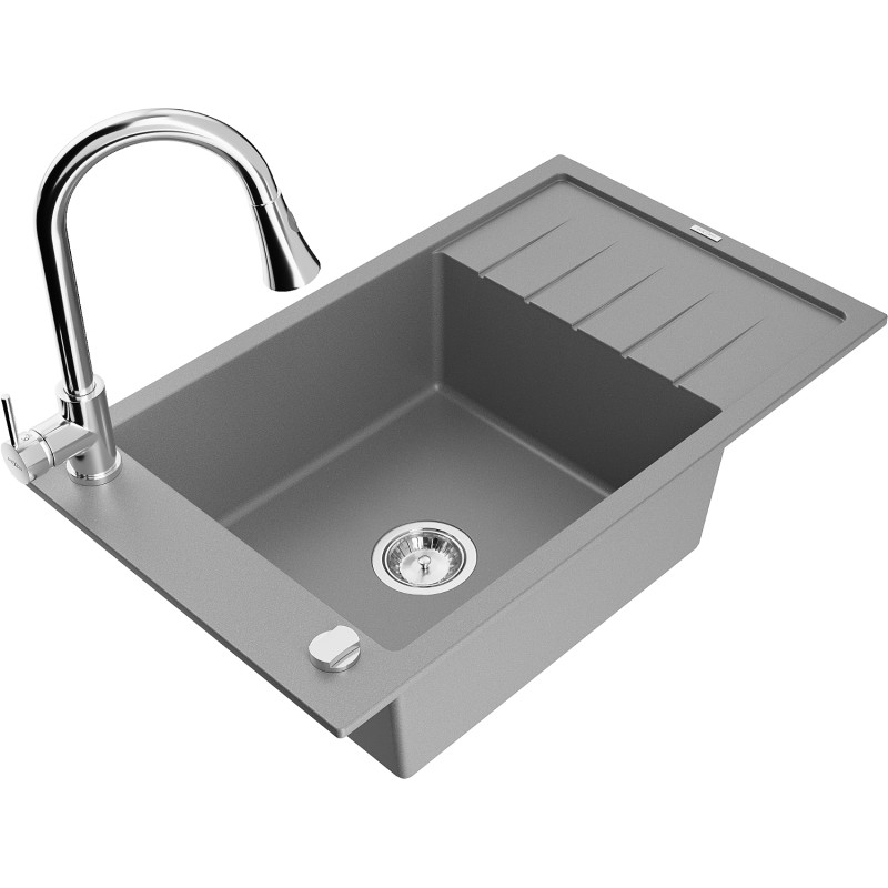 Mexen Elias chiuvetă de granit cu 1 compartiment cu scurgător și baterie de bucătărie Elia, gri - 6511-71-670101-00