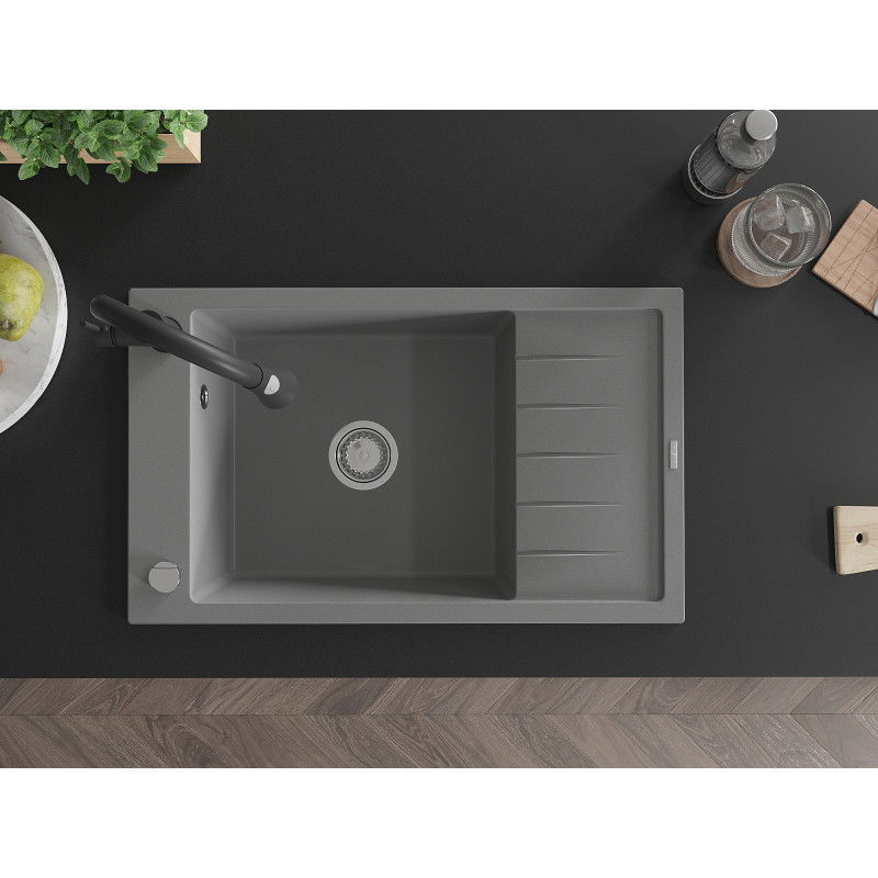 Mexen Elias egymedencés gránit mosogató csepegtetővel és Elia konyhai csapteleppel, szürke - 6511-71-670101-70