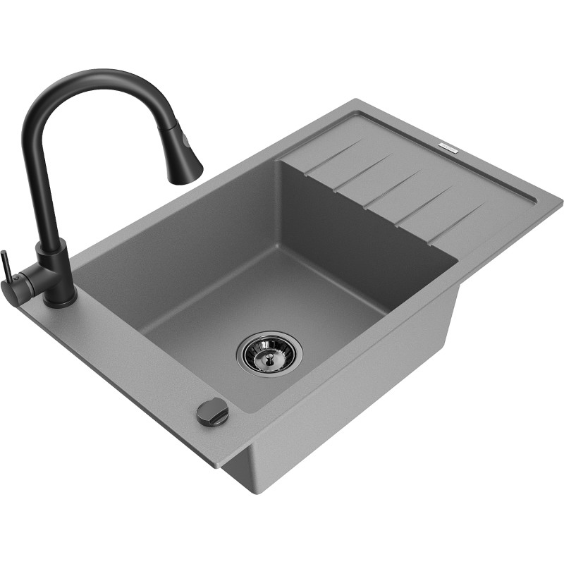 Mexen Elias chiuvetă de granit cu 1 cuvă, cu picurător și baterie de bucătărie Elia, gri - 6511-71-670101-70-B