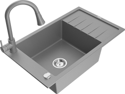 Mexen Elias chiuvetă din granit cu 1 compartiment cu scurgător și baterie de bucătărie Elia, gri - 6511-71-670101-71