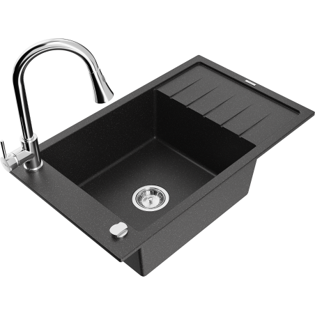 Chiuvetă din granit Mexen Elias 1-cu vas cu scurgător și baterie de bucătărie Elia, negru/metal argintiu - 6511-73-670101-00