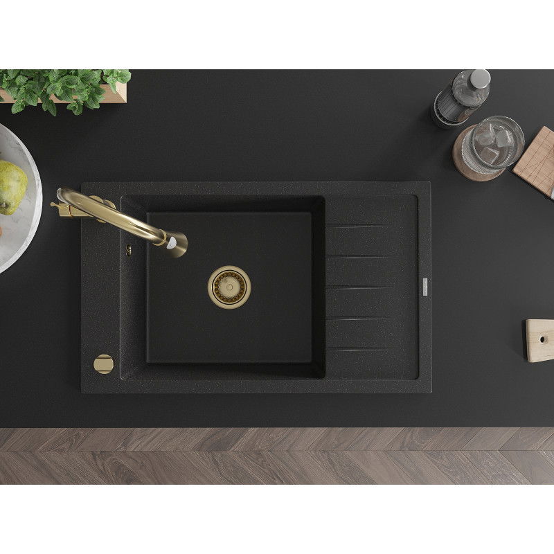 Mexen Elias egymedencés gránit mosogató csepptálcával és Elia konyhai csapteleppel, fekete/ezüst metál - 6511-73-670101-50