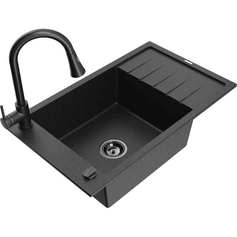 Mexen Elias chiuvetă granit 1 compartiment cu scurgător și baterie bucătărie Elia, negru/argintiu metalic