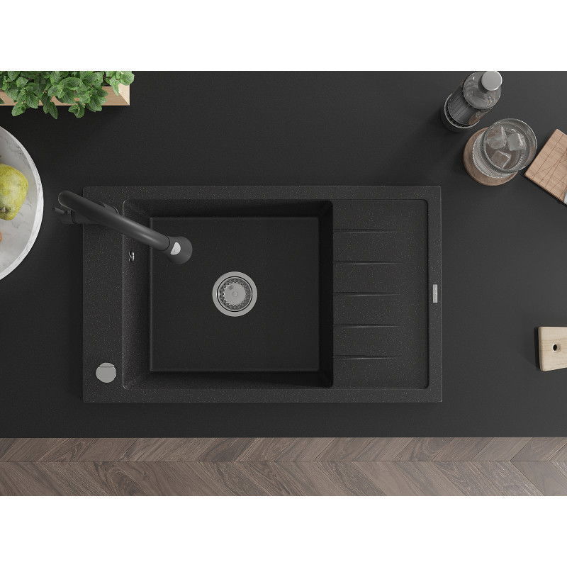 Mexen Elias 1 rekeszes gránit mosogató csepegtetővel és Elia konyhai csappal, fekete/ezüst metál - 6511-73-670101-70