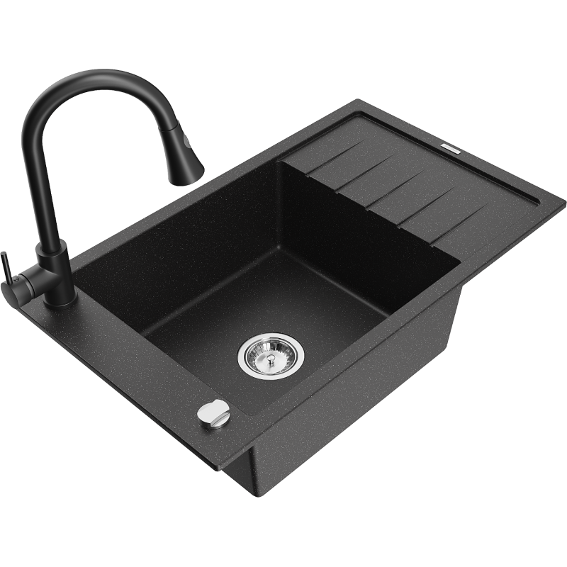 Mexen Elias chiuvetă de granit cu 1 compartiment, cu scurgător și baterie de bucătărie Elia, negru/argintiu metalizat
