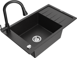 Mexen Elias 1 rekeszes gránit mosogató csepegtetővel és Elia konyhai csappal, fekete/ezüst metál - 6511-73-670101-70