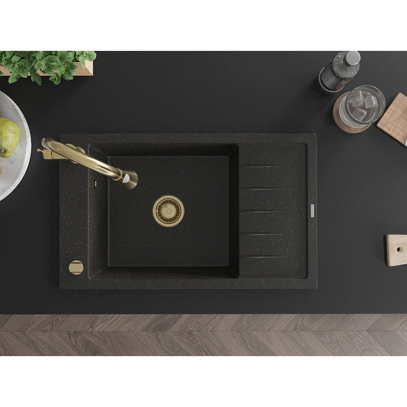 Mexen Elias 1-medencés gránit mosogató csepegtetővel és Elia konyhai csappal, fekete/arany metál - 6511-75-670101-50