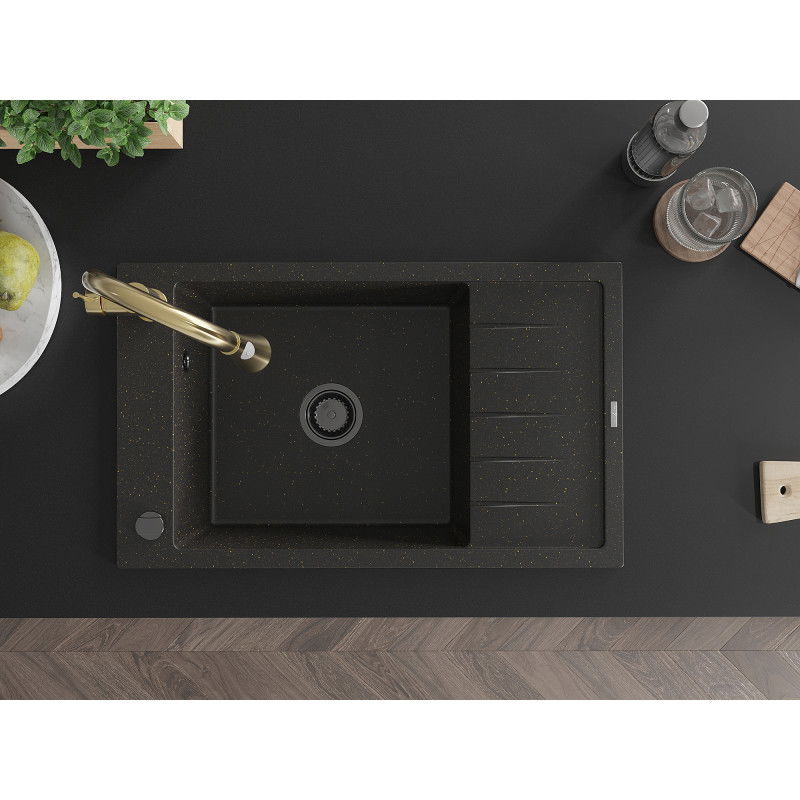 Mexen Elias chiuvetă de granit cu 1 compartiment, cu picurător și baterie de bucătărie Elia, negru/auriu metalic