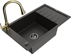 Mexen Elias chiuvetă de granit cu 1 compartiment, cu picurător și baterie de bucătărie Elia, negru/auriu metalic