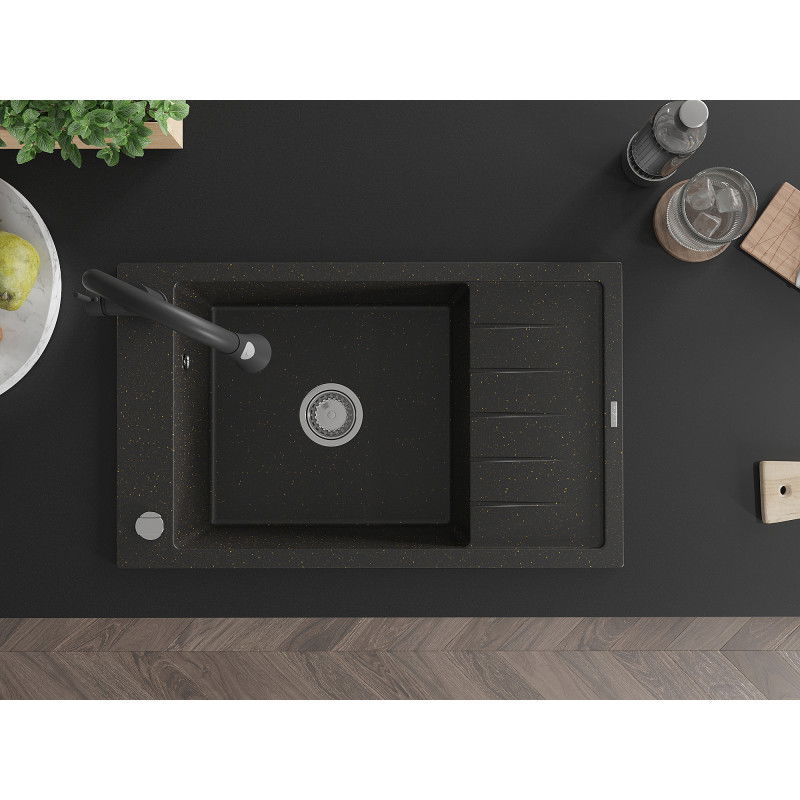 Mexen Elias gránit mosogató 1-medencés csepegtetővel és Elia konyhai csappal, fekete/arany metál - 6511-75-670101-70