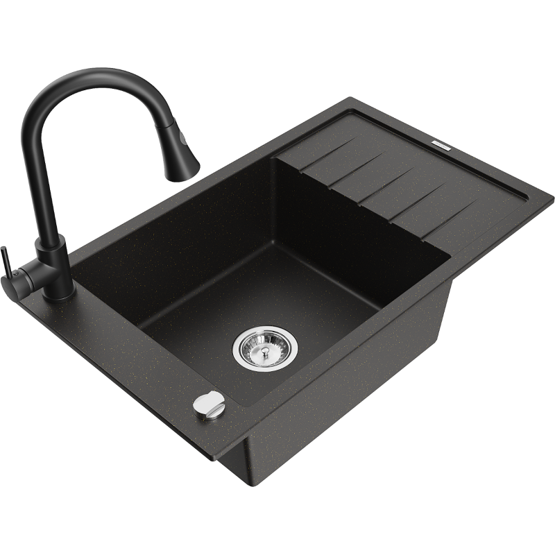 Mexen Elias chiuvetă de bucătărie din granit cu o singură cuvă, cu scurgător și robinet Elia, negru/auriu metalic
