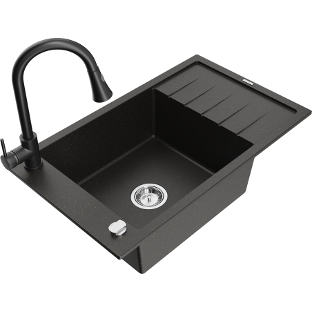 Mexen Elias chiuvetă de bucătărie din granit cu o singură cuvă, cu scurgător și robinet Elia, negru/auriu metalic