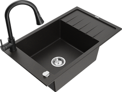 Mexen Elias chiuvetă de bucătărie din granit cu o singură cuvă, cu scurgător și robinet Elia, negru/auriu metalic
