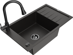 Mexen Elias gránit mosogató 1-medencés csepegtetővel és Elia konyhai csappal, fekete/arany metál - 6511-75-670101-70-B