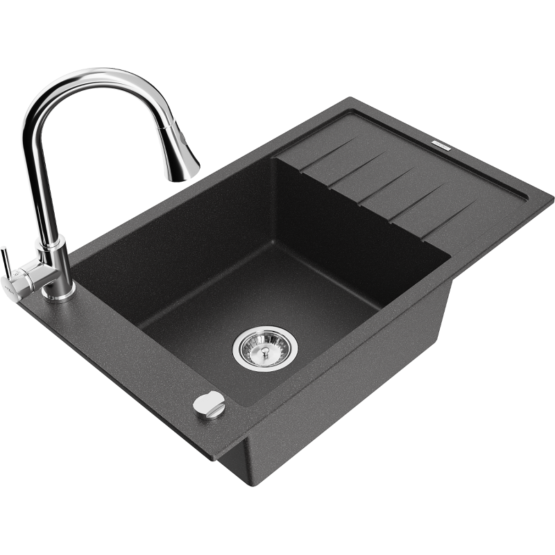 Mexen Elias chiuvetă de granit cu 1 compartiment, cu scurgător și baterie de bucătărie Elia, negru cu pete
